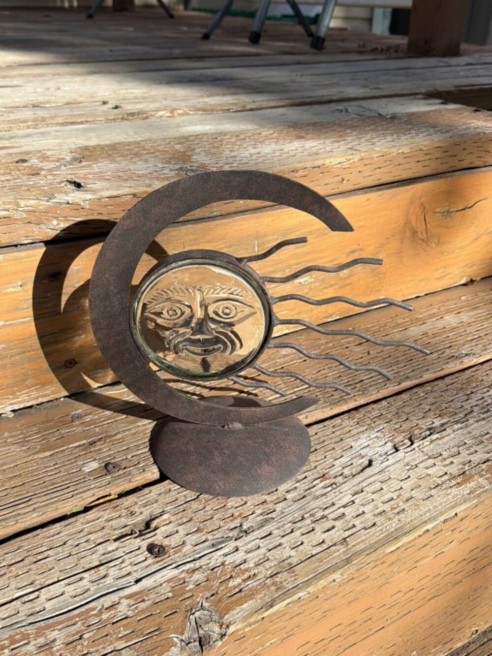 Vintage Celestial Expressive Molded Glass Sun Face Candle Holder, Metal Frame